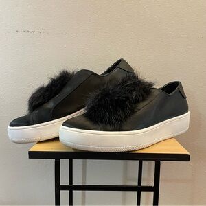 Steve Madden Black Satin Slip-On Sneakers w Faux Fur Puff Pompoms – Size 10 EUC